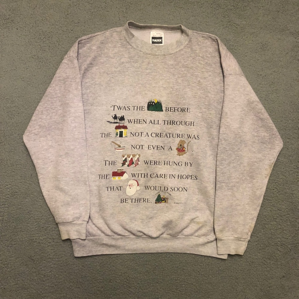 VTG Tultex Twas the Night Before Christmas Gray Graphic Sweatshirt XL